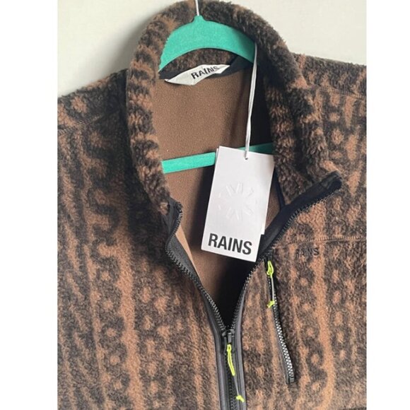 Rains Fleece Vest Mens Medium Brown Winter Warm Full Zip Heavy Monogram - Picture 3 of 6